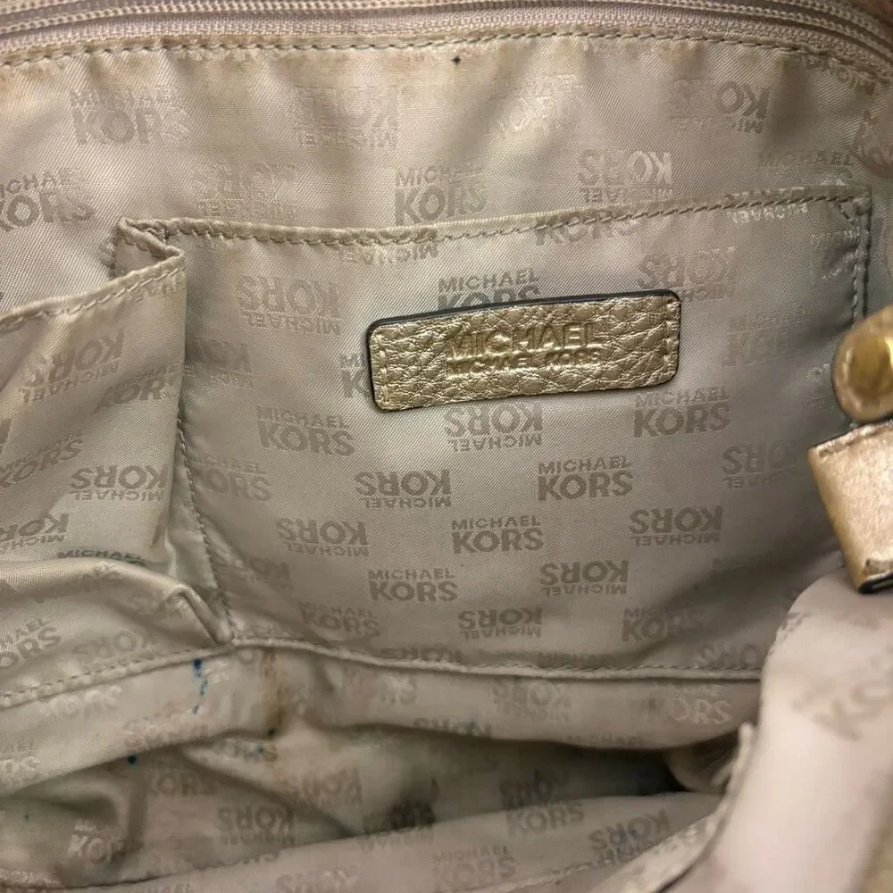 Michael Kors Brown Monogram Large Shoulder Purse with‎ Gold Straps